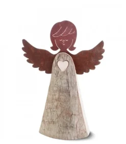Waldfabrik, photophore en bois et étoile sapin de Noël Ange En Bois Avec Coeur Et Ailes Metal, 15,5 Cm