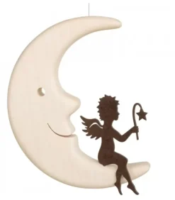 Waldfabrik, photophore en bois et étoile sapin de Noël Ange Metal Assis Sur Une Lune, 12 Cm
