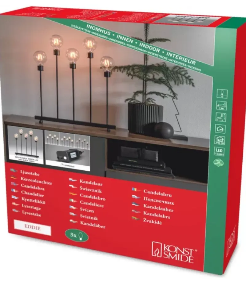 Konstsmide, guirlandes lumineuses de Noël Chandelier Led 5 Ampoules Rondes Ambrees En Metal Noir, 54 Cm