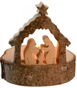 Waldfabrik, photophore en bois et étoile sapin de Noël Crèche De Noël Sur Rondin De Bois Avec Bougeoir