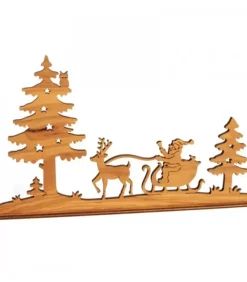 Waldfabrik, photophore en bois et étoile sapin de Noël Diorama En Placage D'Olivier, Père Noël En Traineau Dans La Foret,12 Cm