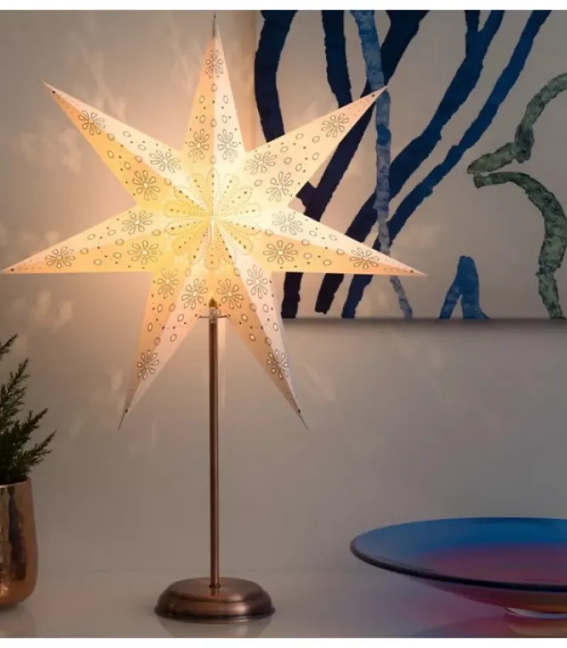 Konstsmide, guirlandes lumineuses de Noël Etoile Lumineuse Electrique 7 Branches En Papier, Blanche, Sur Pied Cuivre 48 Cm