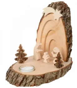 Waldfabrik, photophore en bois et étoile sapin de Noël Petite Crèche De Noël En Ecorce De Bois Avec Sapins Et Bougeoir